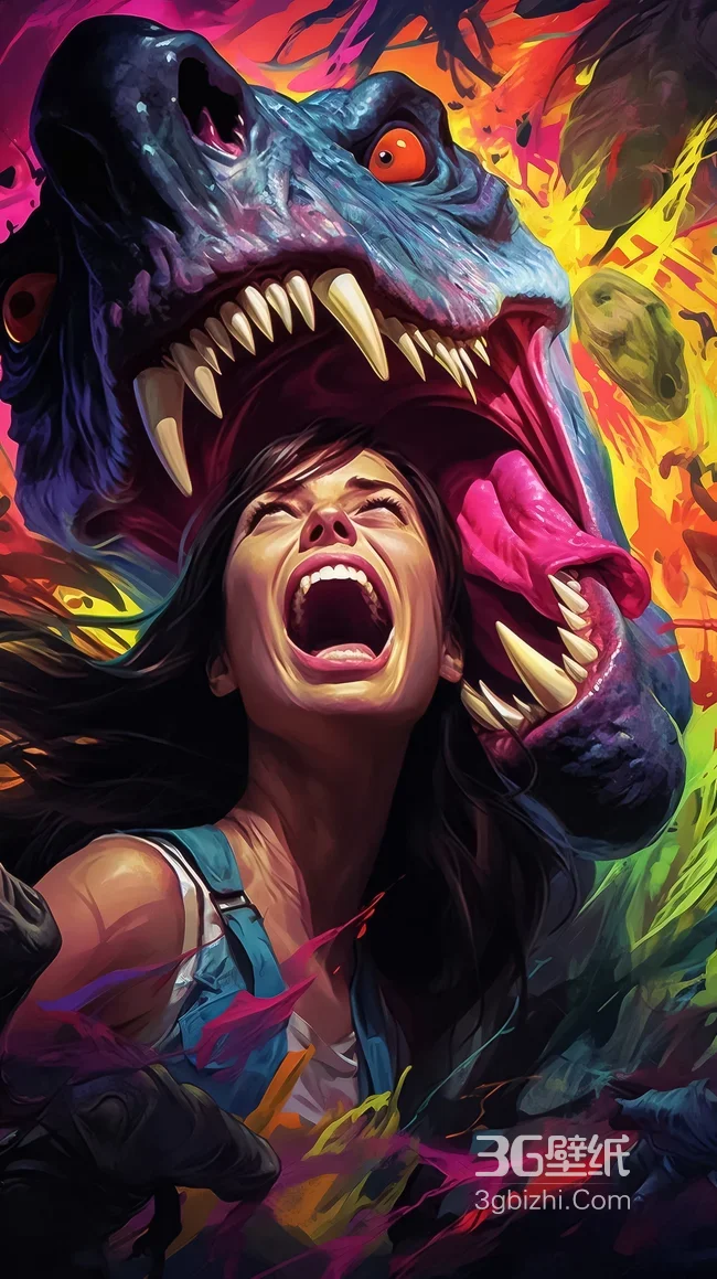 惊恐女性与咆哮恐龙对峙·奇幻涂鸦艺术风格·超高清视觉壁纸1