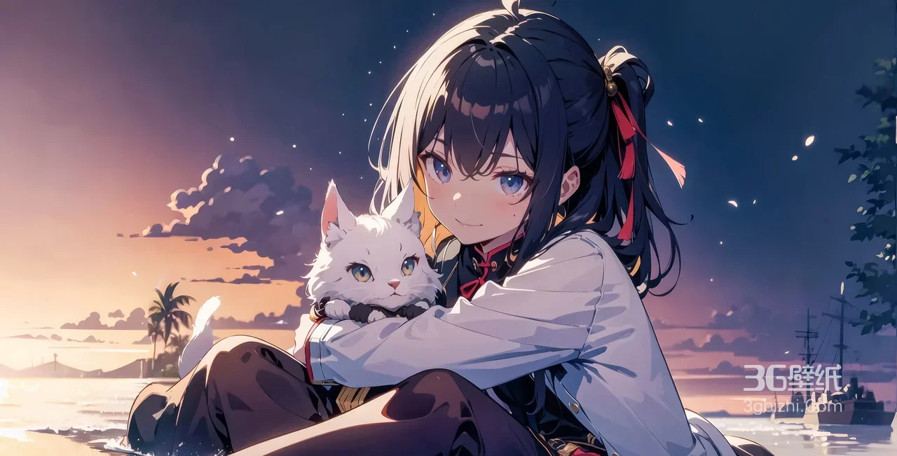 抱白猫的黑长发少女·海边日落二次元唯美高清风景插画女孩1