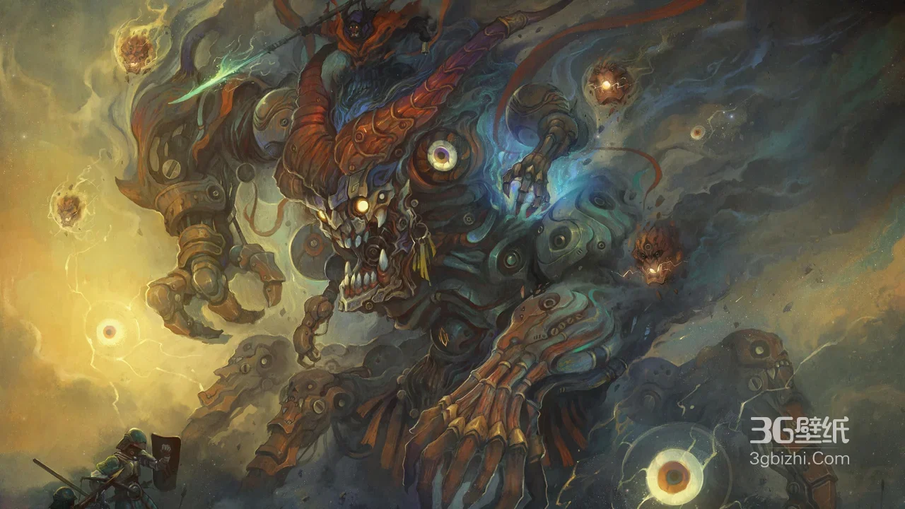 机械恶魔巨兽与渺小战士对峙·暗黑奇幻风·超高清桌面背景1