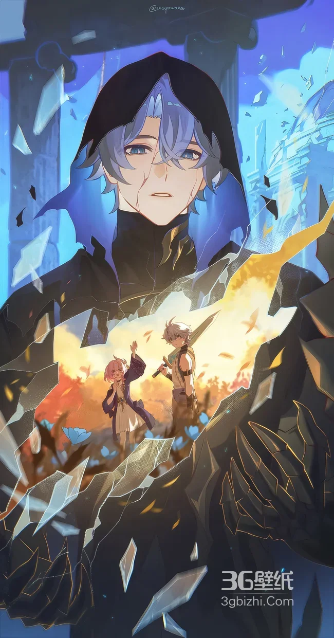 蓝紫发兜帽少年·破碎光影中的记忆 二次元奇幻风高清插画1