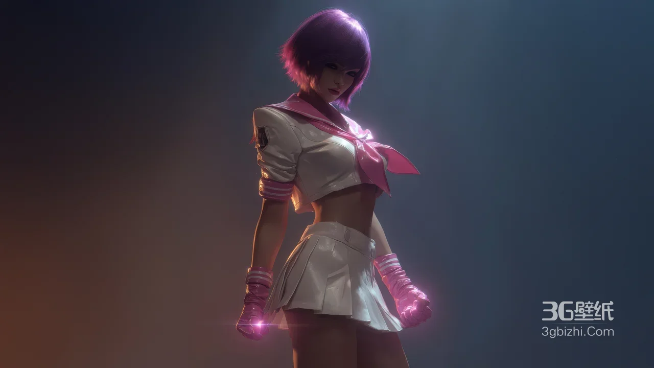 紫发格斗少女·粉白制服光效手套 写实宽屏车机壁纸1