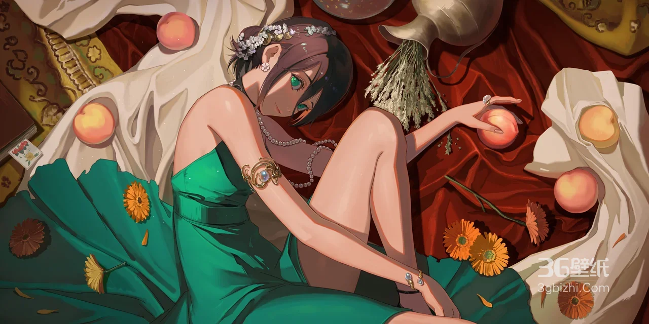 绿裙少女·卧躺花丛桃果间 唯美二次元高清桌面背景1