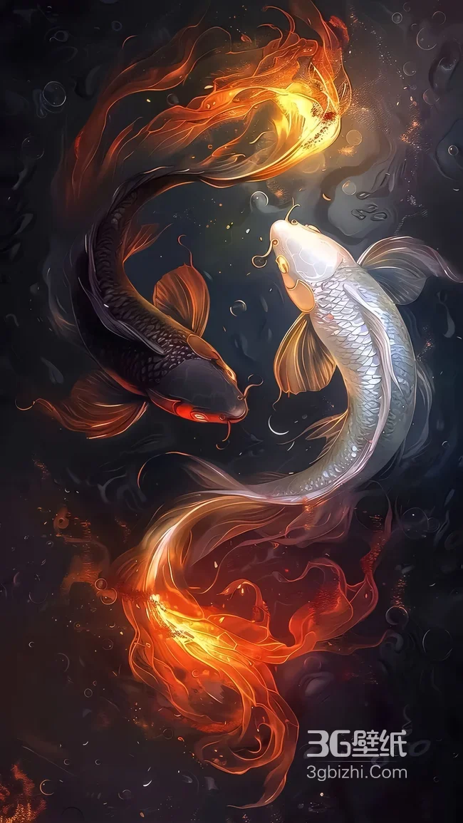 太极锦鲤·赤焰墨鳞与银辉白鲤交织国风高清动态1