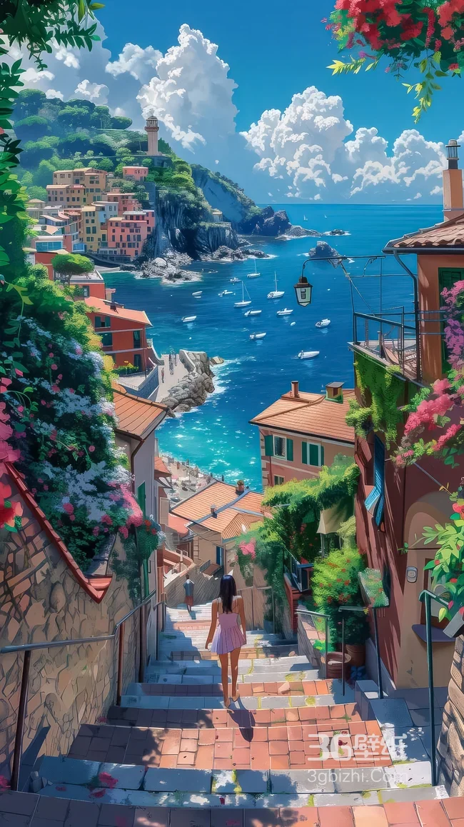海边彩色小镇与阶梯女孩·治愈系唯美插画·地中海风情场景1