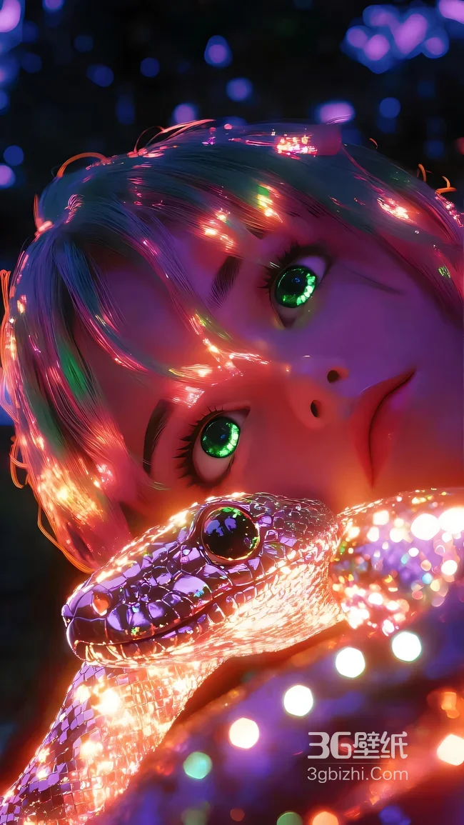 绿瞳霓虹少女与晶蛇 赛博朋克炫彩手机壁纸1