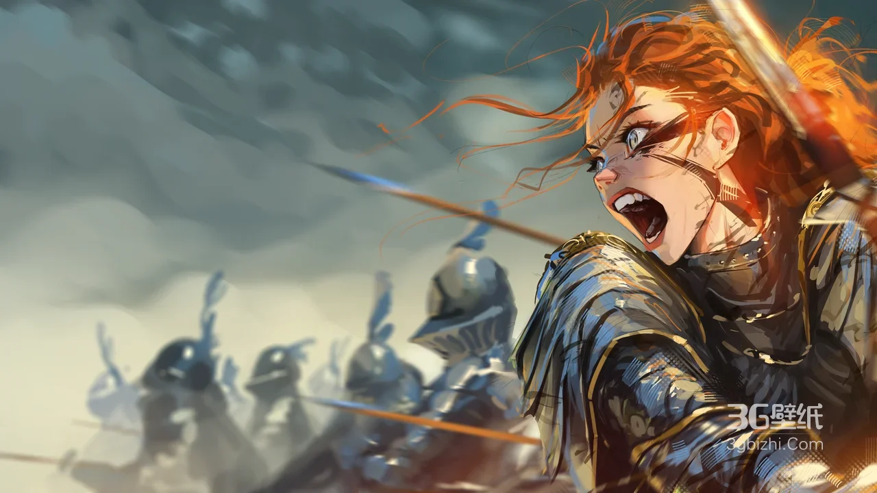 红发战甲女战士·战场厮杀 写实热血游戏插画宽屏1