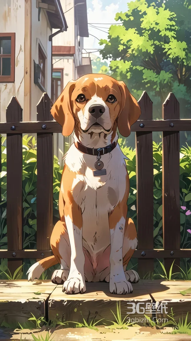 萌系比格犬·栅栏庭院 动漫风治愈系手机壁纸（插画）1