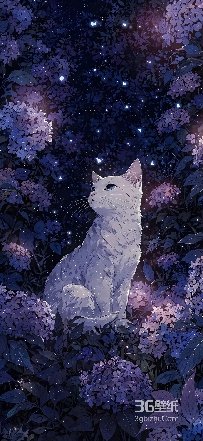 白猫仰望星空绣球花海 唯美梦幻插画手机壁纸1