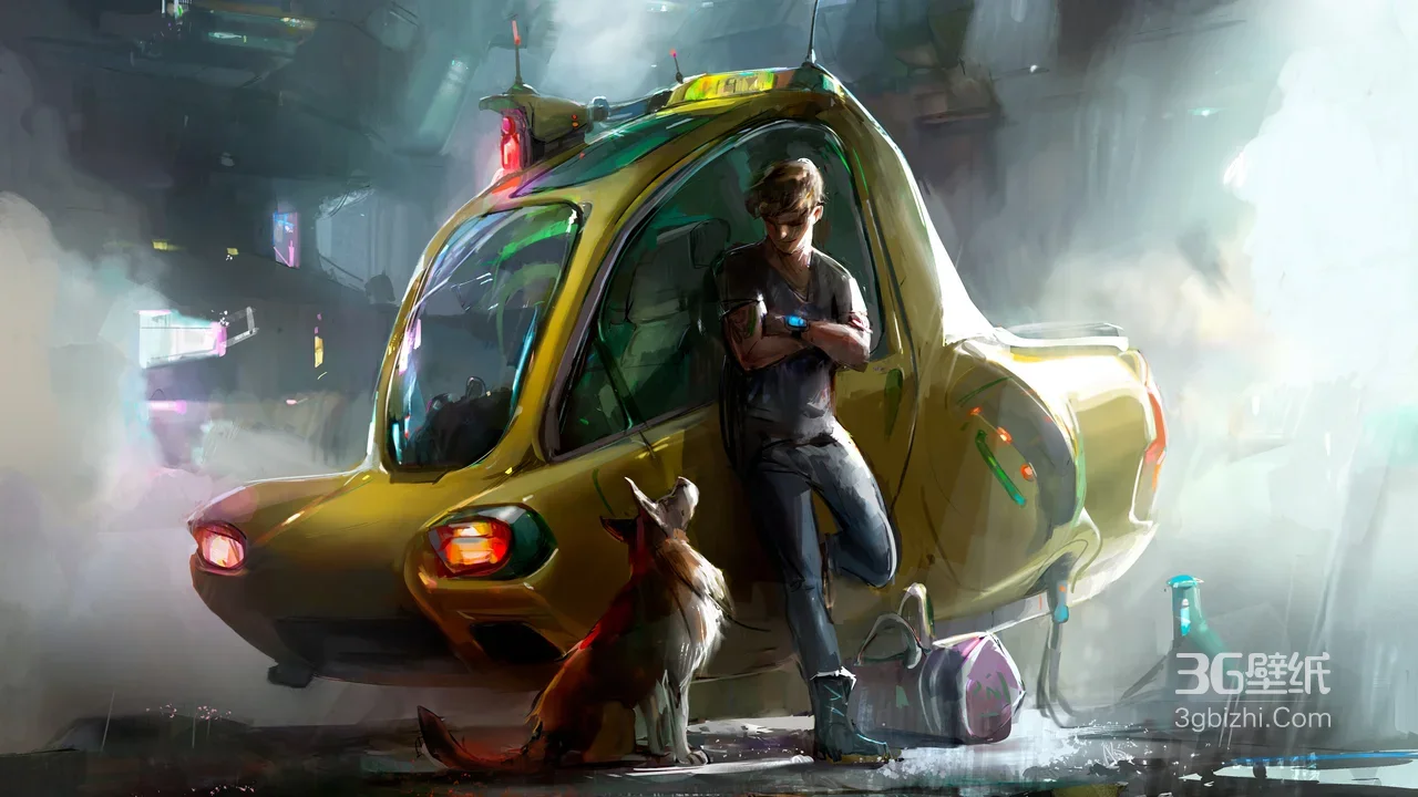 赛博朋克未来都市·帅哥与宠物狗倚悬浮出租车 互动场景 宽屏风1
