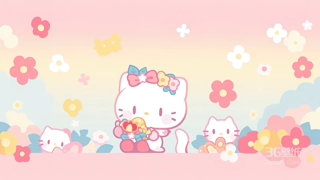 Hello Kitty·花环抱花 三丽鸥清新甜美风桌面背景1