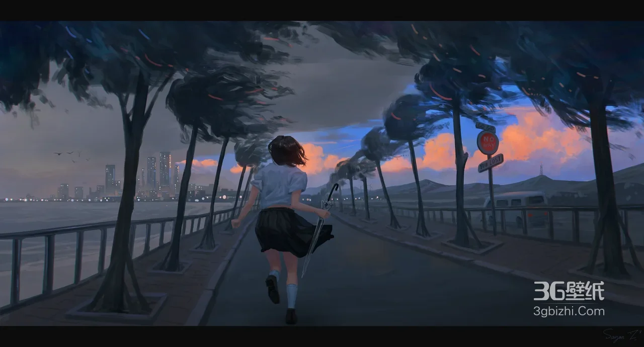 JK少女沿海步道奔跑 唯美写实插画 超宽屏治愈系电脑壁纸1