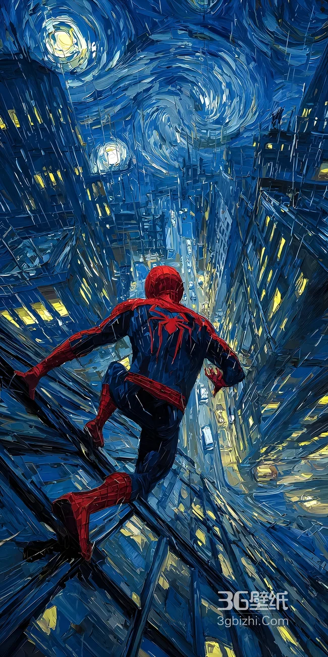 蜘蛛侠·经典战衣 梵高星夜油画风都市夜景 漫威超英手机壁纸1