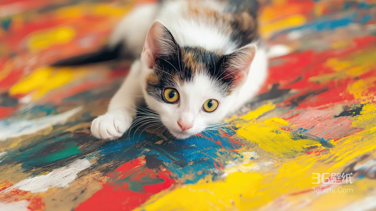 三花小猫咪·油画涂鸦风 治愈系桌面背景1