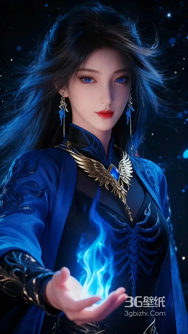神秘女法师·蓝焰凝掌 国风玄幻CG 暗黑星空手机壁纸