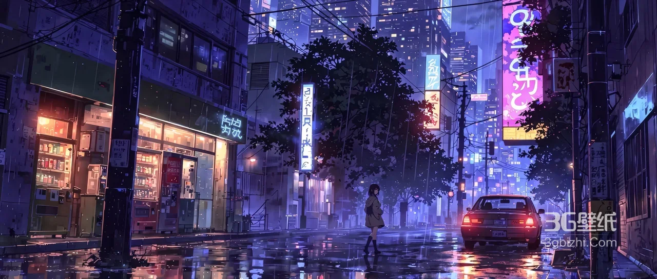 日系动漫风雨夜都市街道独行女孩插画 超宽屏车机电脑壁纸1
