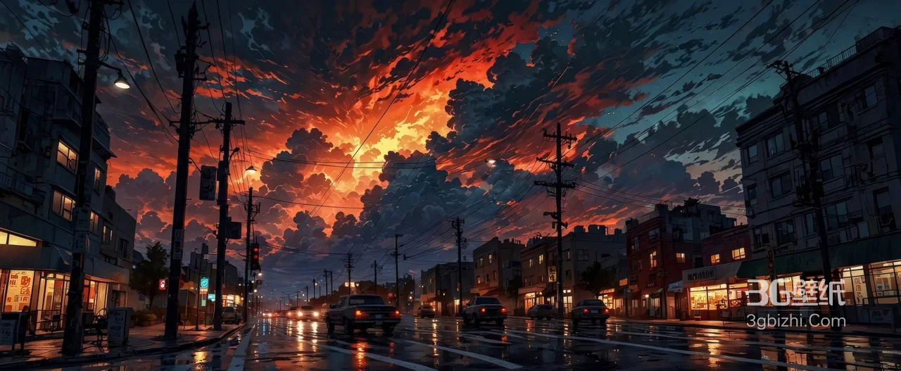 雨夜都市街道火烧云天空·动漫风插画 宽屏车机电脑壁纸1