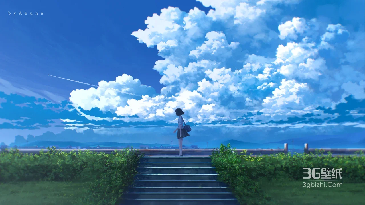 日系唯美少女观云海台阶插画 清新治愈宽屏桌面背景（by Aeuna）1