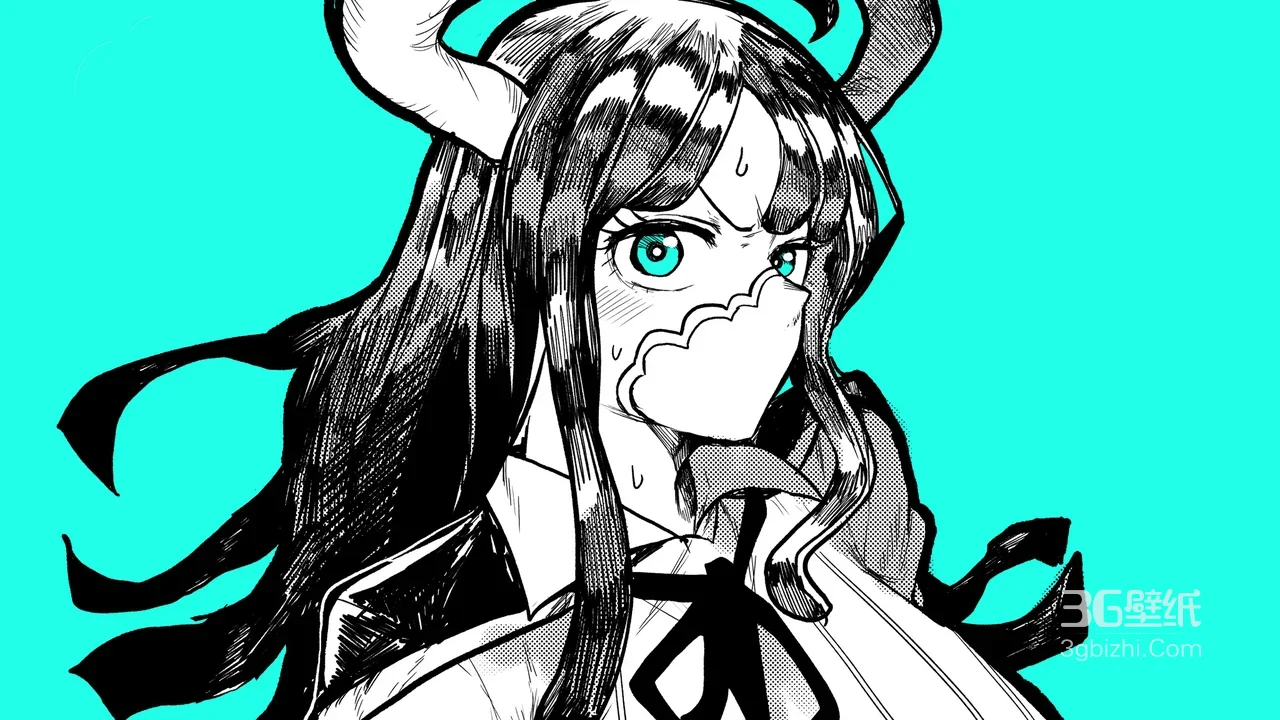 动漫牛角少女·蓝眼面饰 黑白漫画风青底插画电脑壁纸1