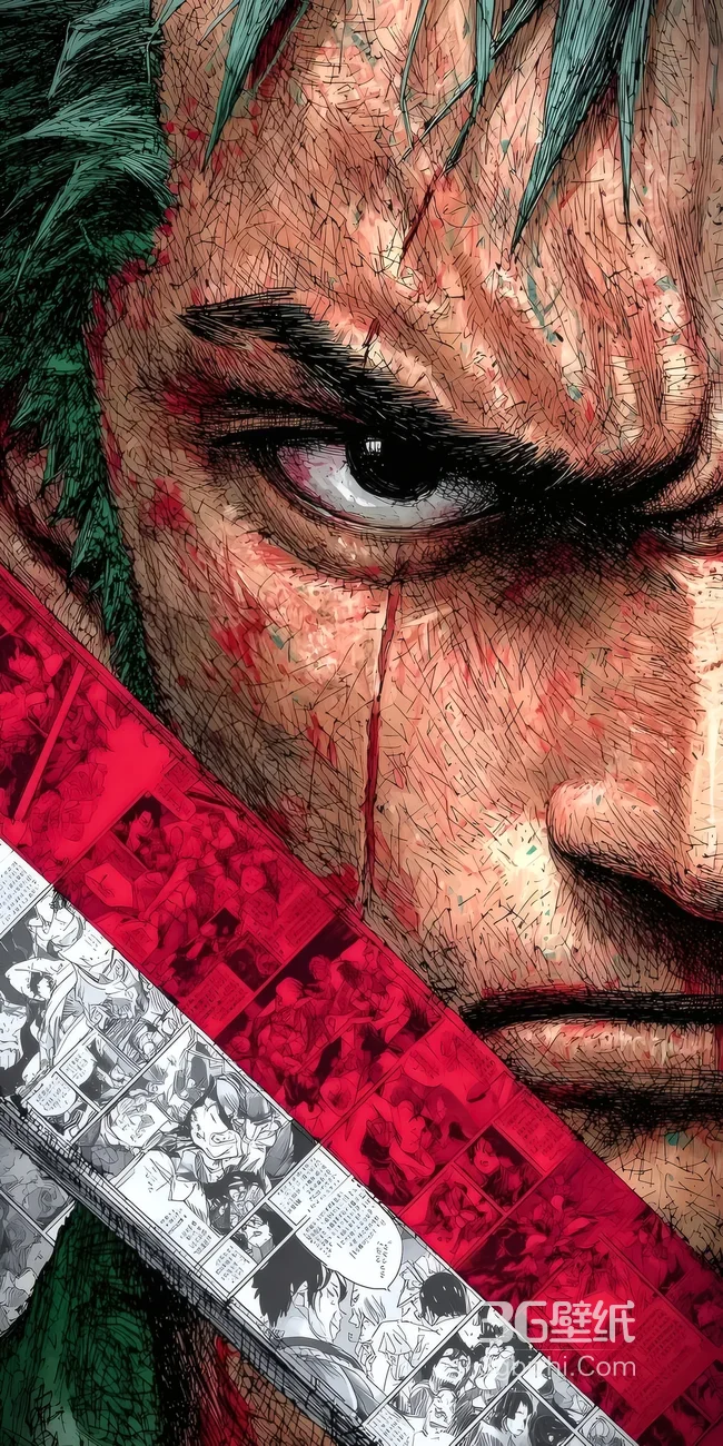 罗罗诺亚·索隆 带血坚毅眼神 漫画分镜刀 手绘热血风手机壁纸1