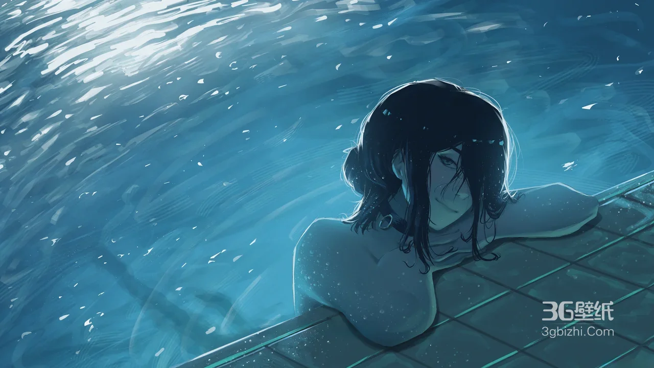泳池黑发少女·慵懒倚岸·唯美二次元原创插画桌面1