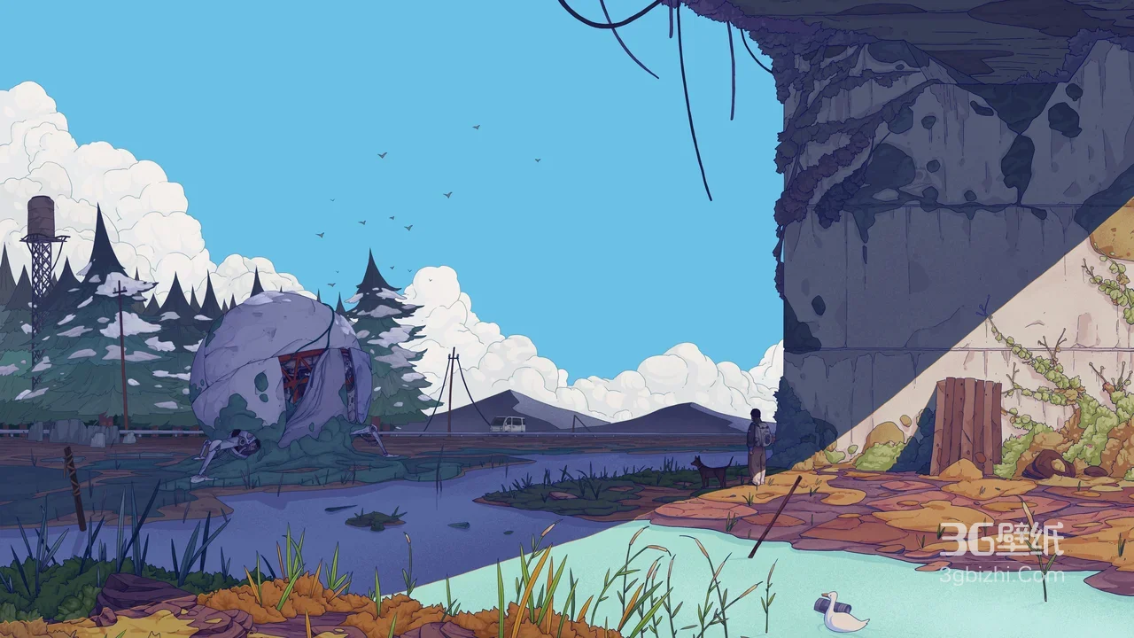 废土湖泊巨型蛋·扁平插画风·独立游戏场景电脑壁纸1