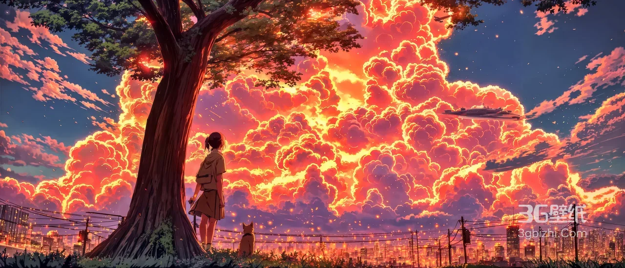 女孩与猫·城市晚霞日系唯美动漫插画电脑壁纸1