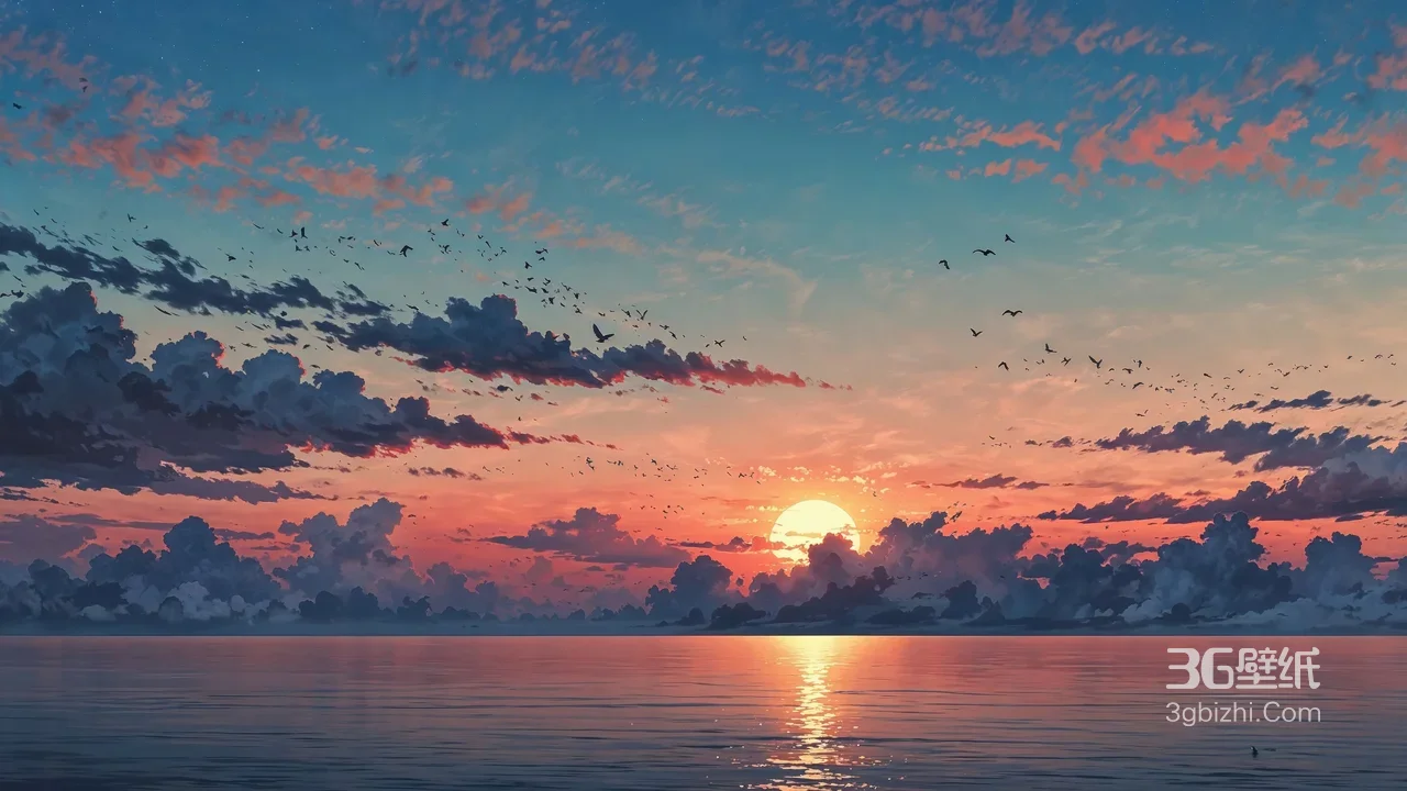日落海面飞鸟·唯美二次元 超宽屏日落海景电脑壁纸1