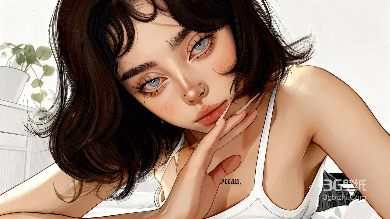 手绘少女·蓝眼鼻钉短发·唯美写实风AI绘画高人气电脑桌面背景1