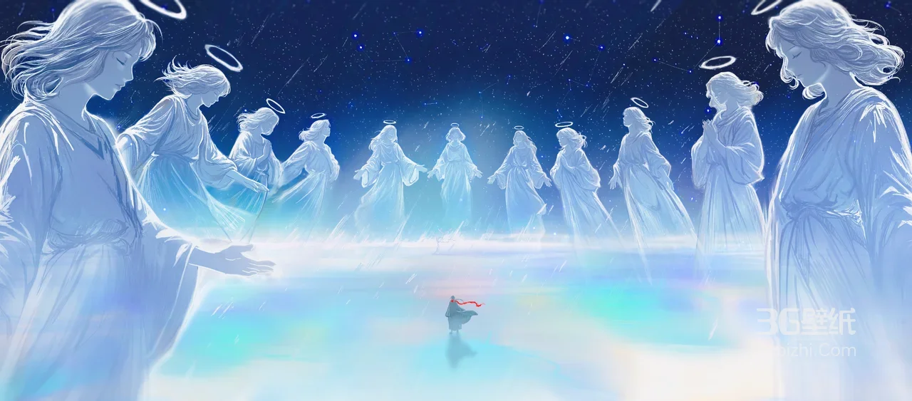 孤影对峙天使群·星空云海唯美梦幻风 超宽屏桌面背景1