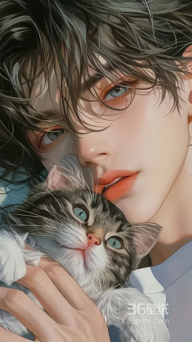 手绘写实风抱猫帅哥 治愈系暖调手机壁纸1