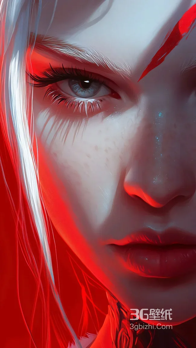 白发红韵少女·写实艺术风高质感手机壁纸优选1