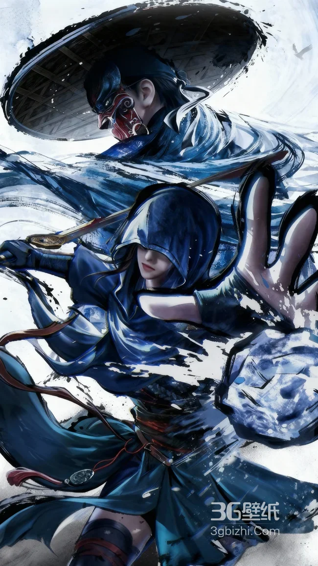 国风水墨武侠·蓝袍侠影斗笠剑客 热血江湖手机壁纸1