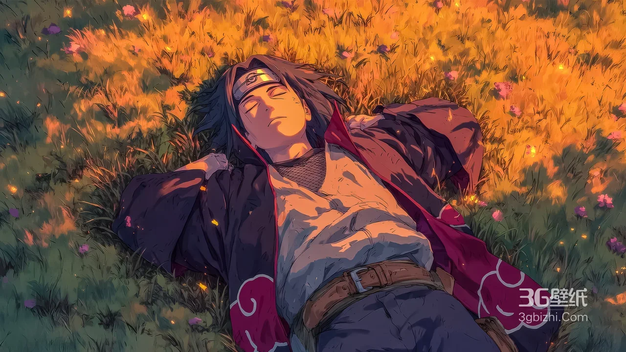 宇智波鼬·安睡暖草甸 日系唯美火影忍者动漫场景壁纸1
