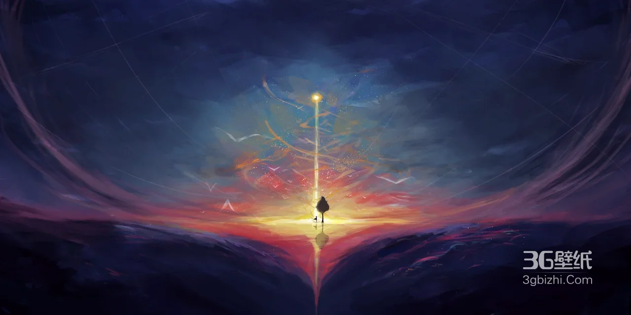 人物剪影与狗狗·光海幻境唯美风宽屏车机壁纸1