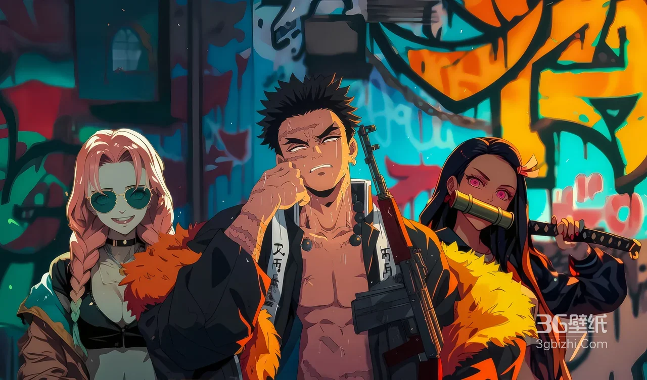 鬼灭之刃赛博街头涂鸦潮 炭治郎祢豆子潮流形象 热门电脑壁纸1