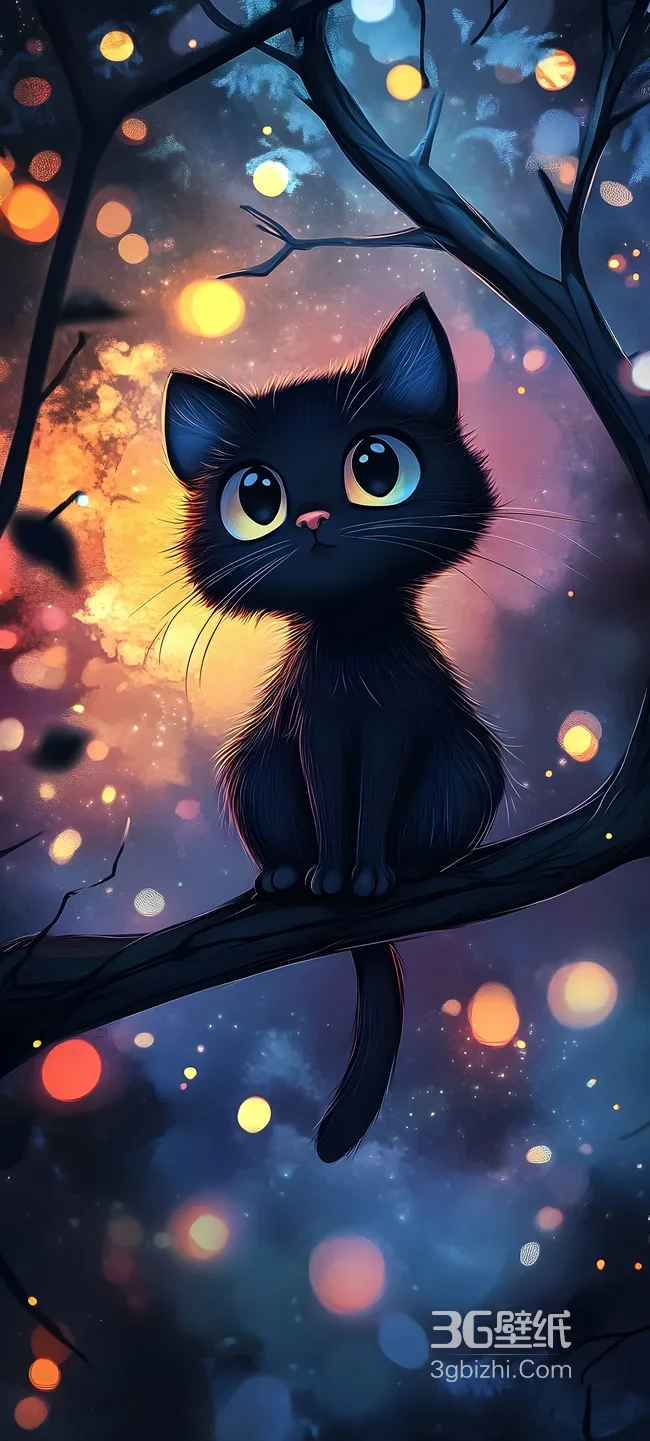 梦幻唯美黑猫咪·星空光斑树枝场景 治愈系手机壁纸热门款1