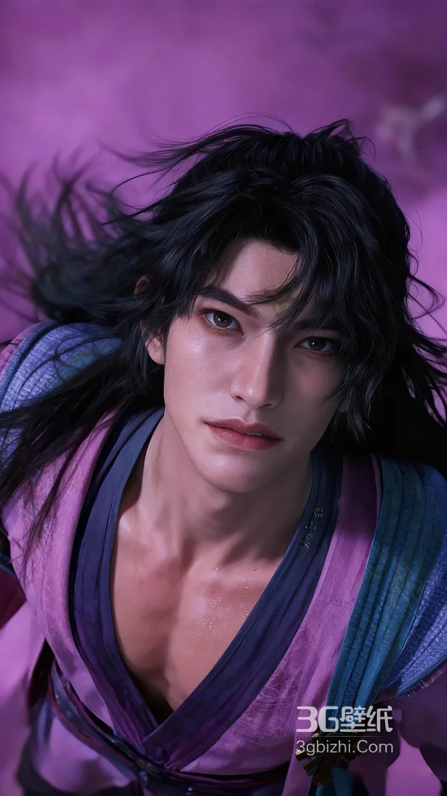国漫古风帅哥·温天仁·飘逸黑发紫调 手机壁纸推荐1