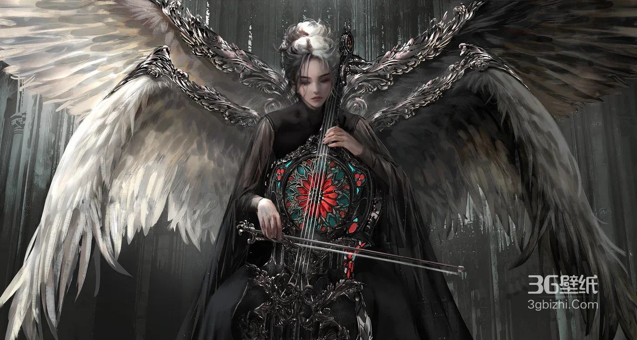 暗黑哥特风女子·机械羽翼+彩窗乐器 暗黑系高人气电脑壁纸1