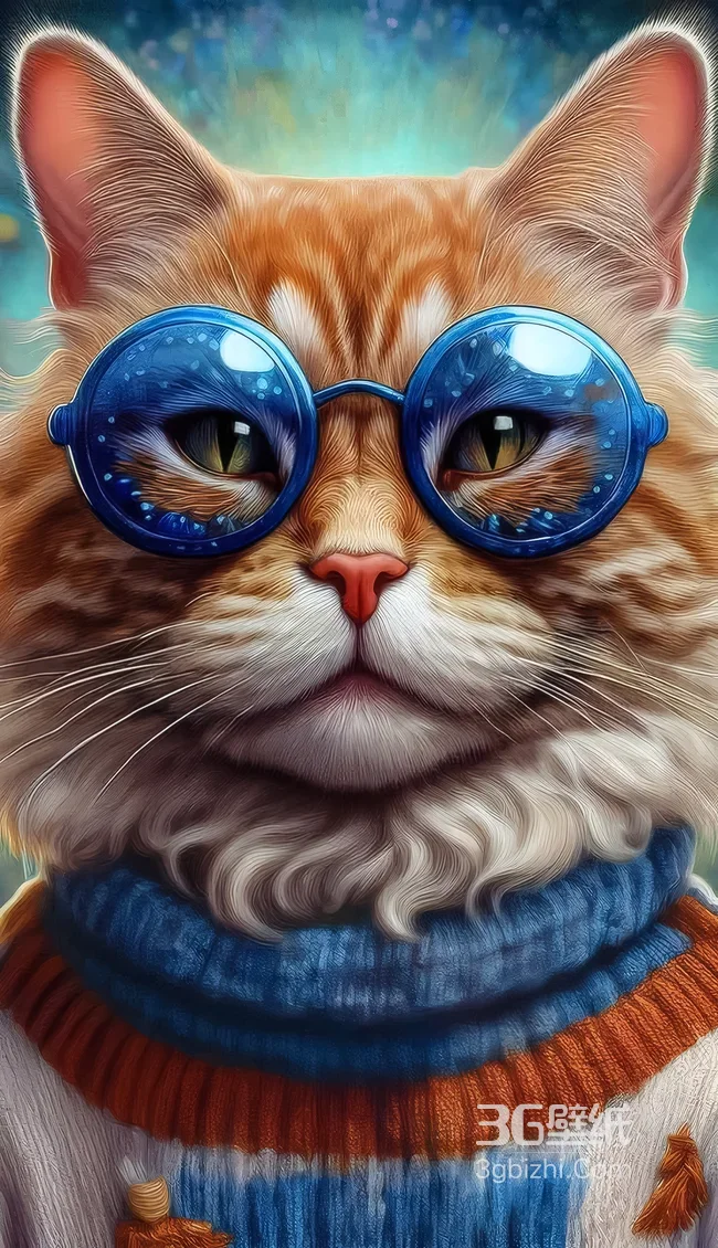 橘猫·戴蓝眼镜穿毛衣 梦幻写实风原创插画壁纸1