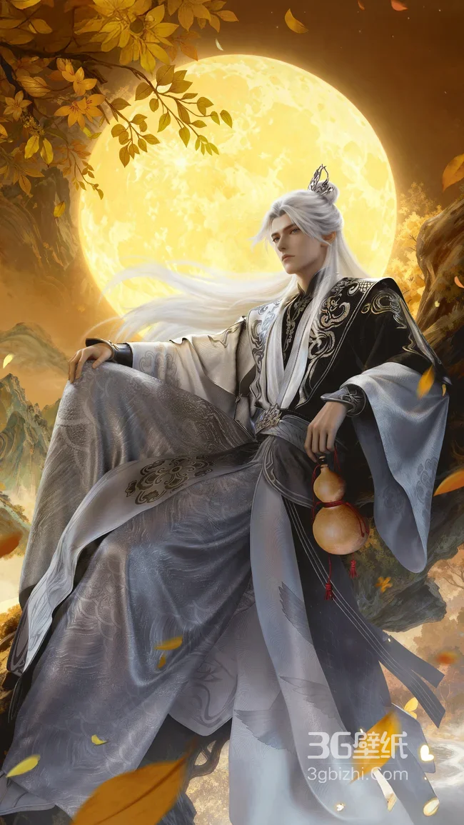 古风银发美男·仙逆王林·国风仙侠唯美 月夜秋叶意境壁纸1