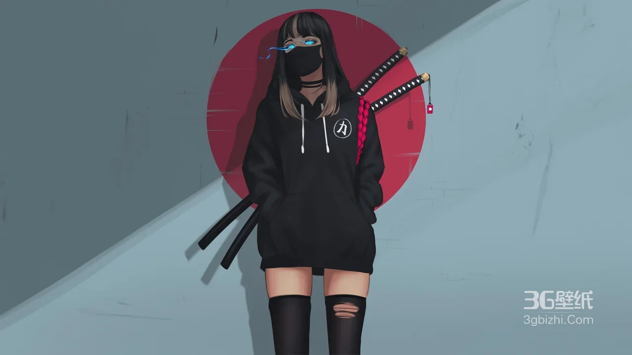 暗黑二次元少女·双刀黑卫衣破洞袜 原创插画宽屏桌面背景1