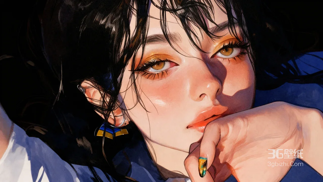 手绘写实风少女·慵懒托腮 高人气桌面背景1