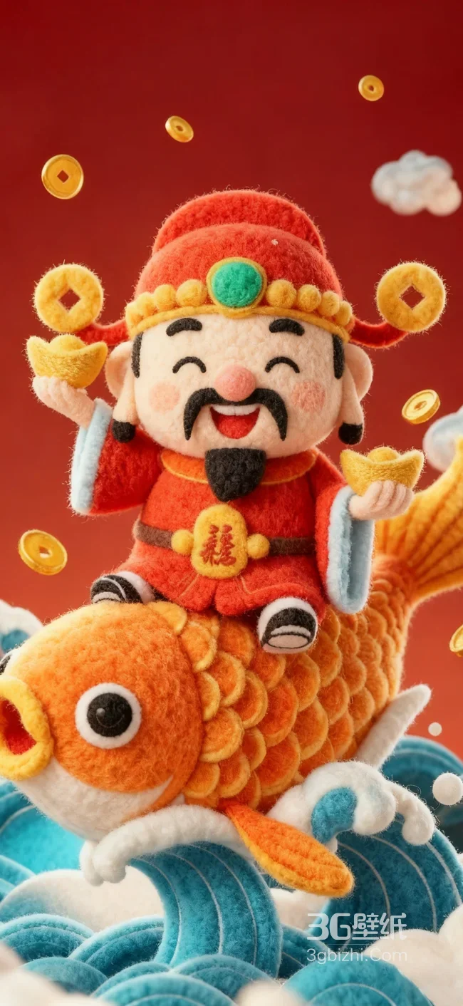 财神·毛绒国风手作 骑锦鲤持金元宝新年招财手机壁纸1