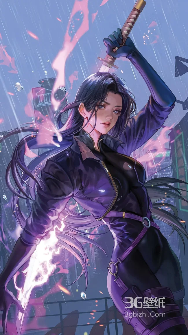 赛博朋克二次元女剑士·紫焰雨夜都市手机壁纸1