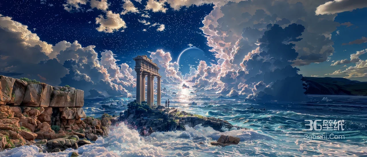 海边古希腊柱式建筑 星空云海海浪 唯美二次元插画 宽屏海景壁纸1