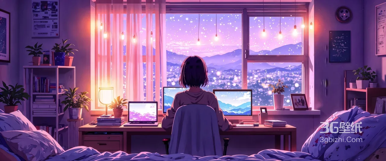 少女·深夜电脑前 唯美赛博夜景风宽屏桌面背景1