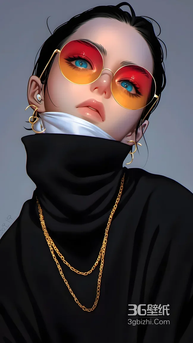 潮流写实风人物·黑金穿搭金链耳环·渐变眼镜高人气手机壁纸1