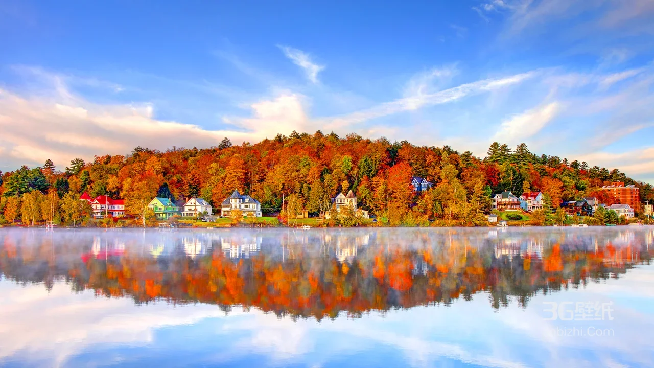 湖岸秋林彩屋倒影 唯美写实秋季湖景电脑壁纸1