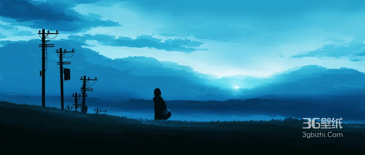 孤独行人·田野电线杆·唯美日系动漫风 治愈宽屏车机壁纸1