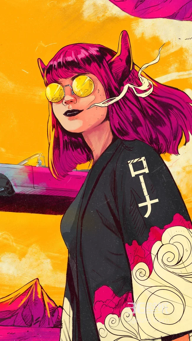 ローナ·红发角饰黄墨镜 日式云纹衣 赛博浮世绘风手机壁纸1